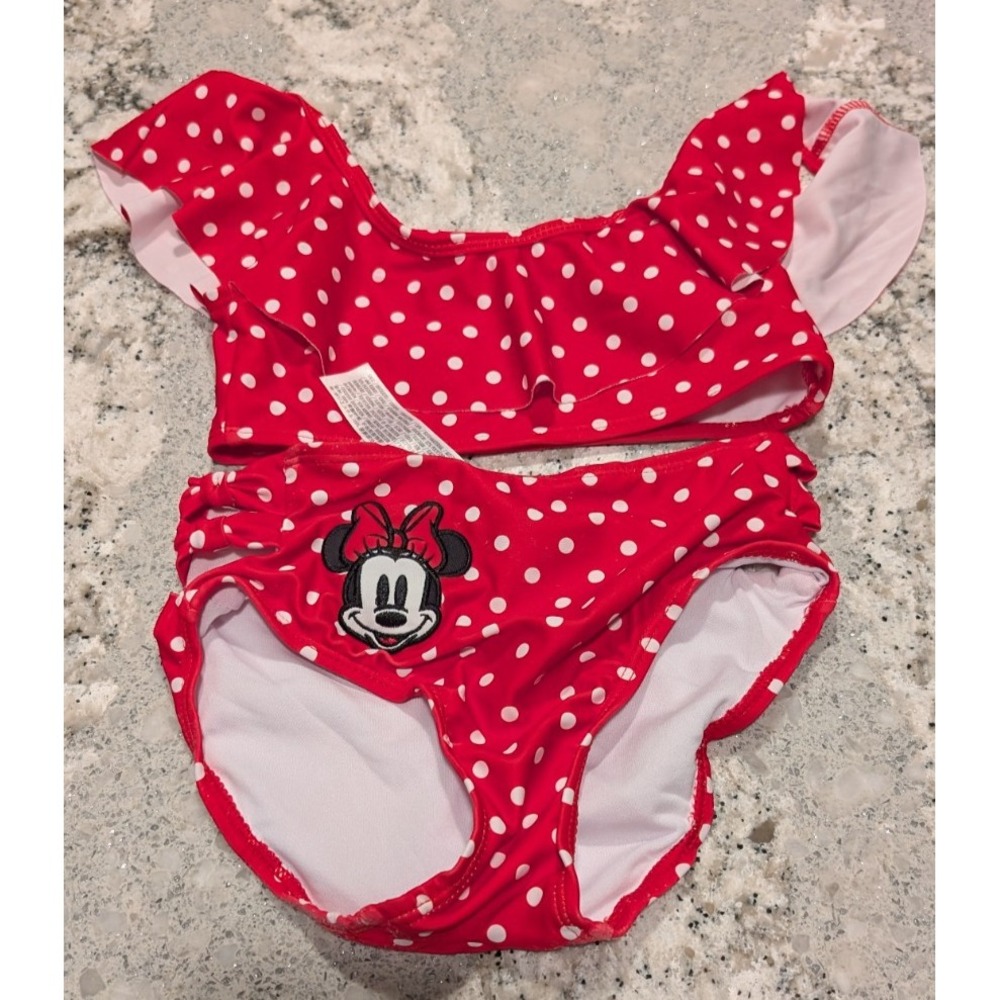 Minnie Mouse 2pc Bikini Swimsuit Disney Store Red Girls Poka Dots Size 5/6